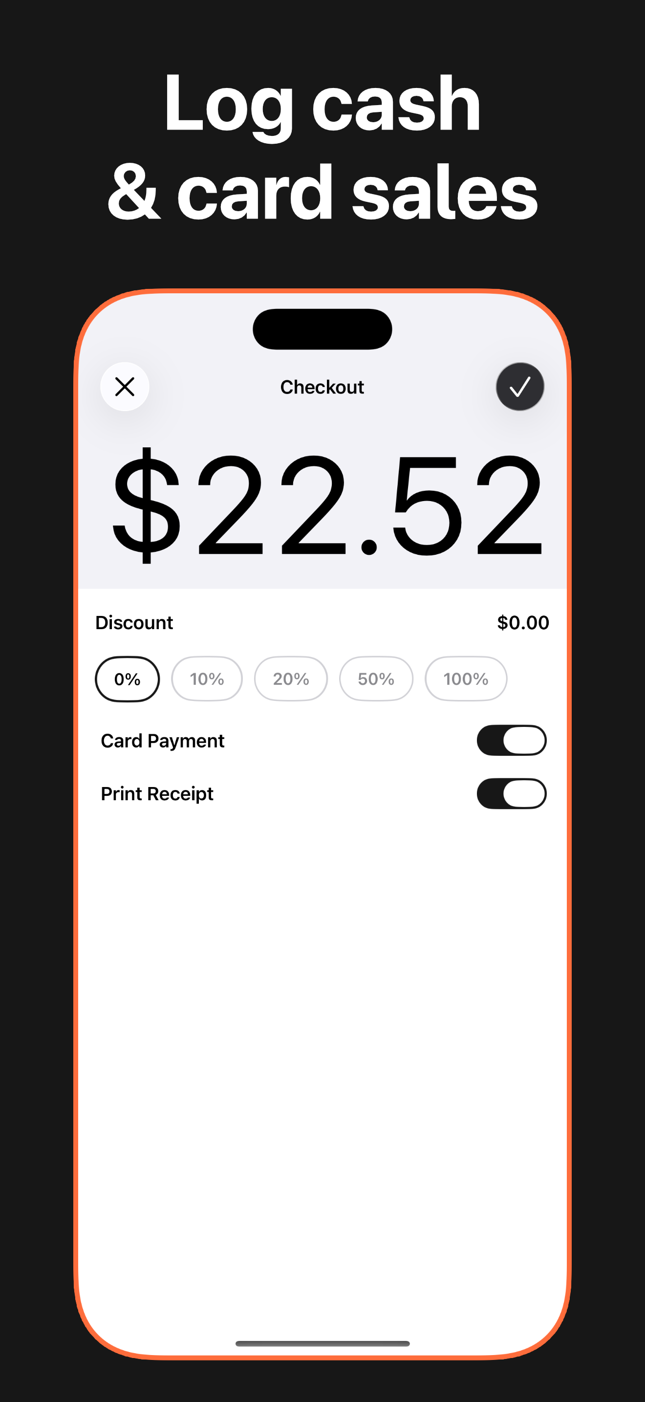 IndieTill checkout for logging cash and card sales