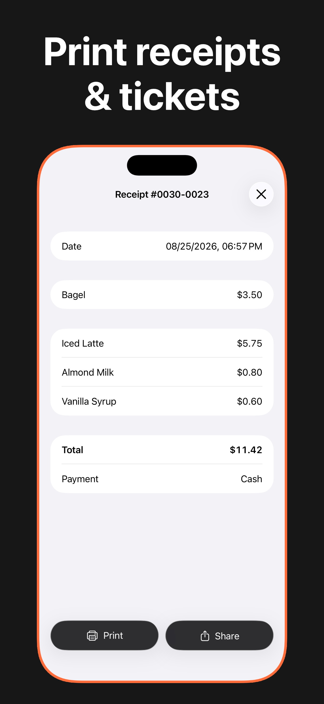 IndieTill receipt and ticket history