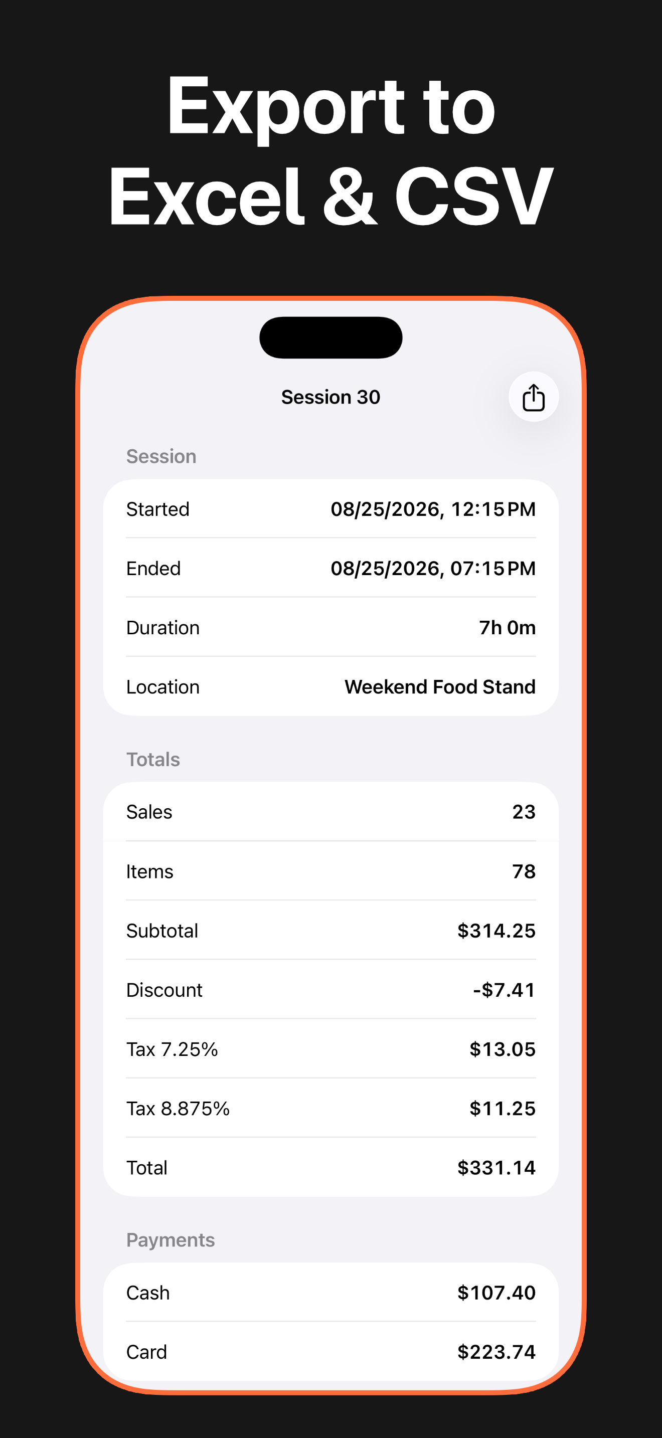 IndieTill session report with Excel and CSV export